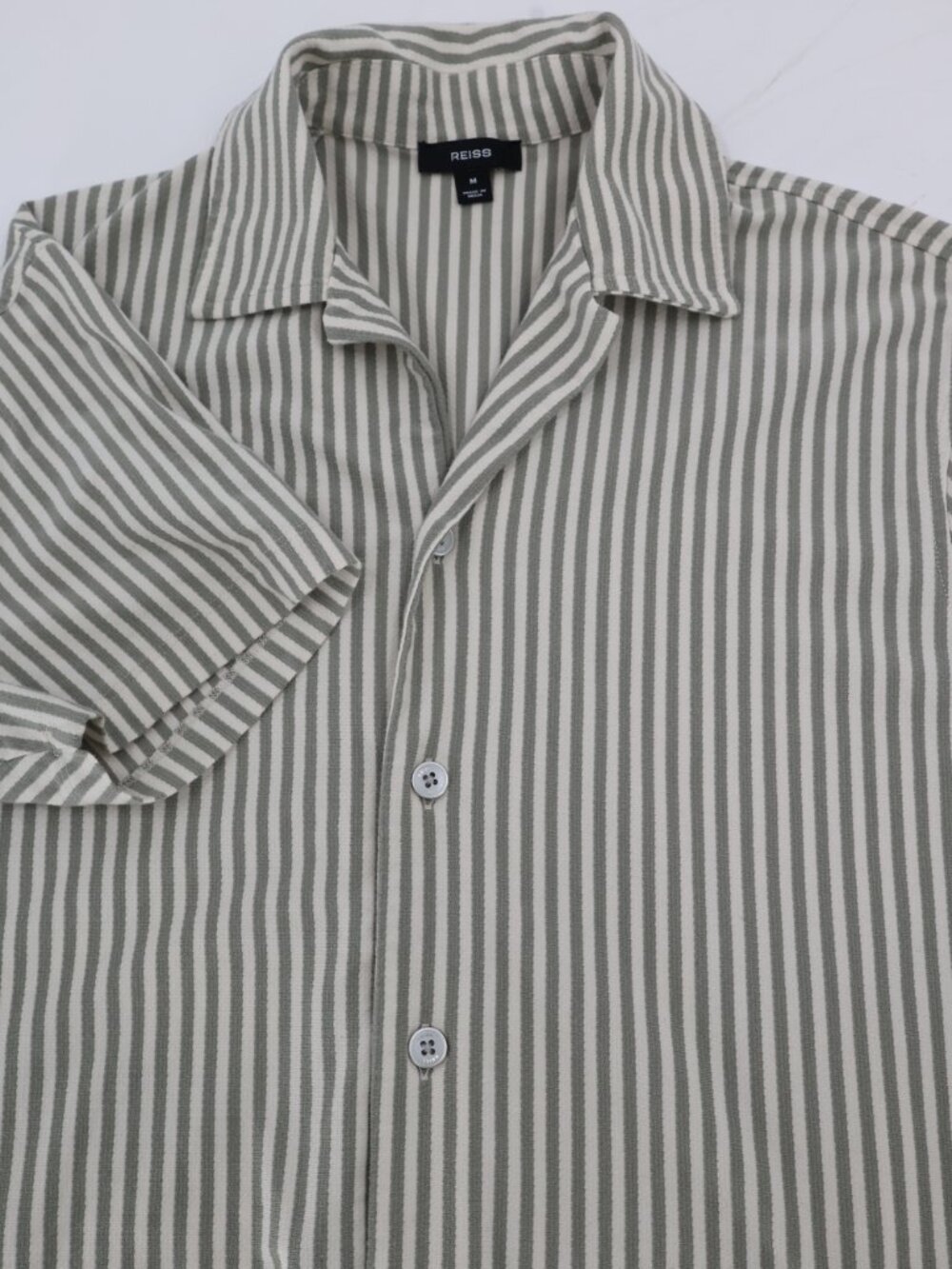 REISS Camp Shirt Mens Medium Striped Button Up Short Sleeve Cotton Blend green